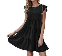 Abiti Estivi da Donna Senza Maniche Ruffle Manica Collo Rotondo Solido Sciolto Corto Flowy Piegato Mini Abito (Black,M)