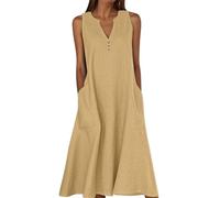 Abiti estivi da donna UK 2025 con scollo a V e bottoni senza maniche Boho Abito da vacanza con tasche da donna casual tinta unita abito da festa elegante Beach Club abiti da cocktail Plus Size Flowy A