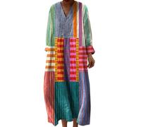Abiti estivi da donna UK Abiti 2025 Scollo a V Manica Lunga Retro Abiti larghi, Blu, XL
