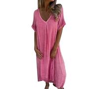 Abiti estivi da donna UK Gonna manica corta scollo a V tinta unita cotone e lino abito, rosa, 3XL