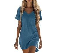 Abiti estivi in lino da donna abito midi casual con scollo a V a maniche corte svasato prendisole traspirante da spiaggia boho abito da vacanza abiti casual in lino leggero da donna UK, Blu cielo-b, L