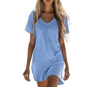 Abiti estivi in lino da donna casual con scollo a V abito midi a maniche corte una linea prendisole traspirante spiaggia boho vacanza abito leggero in lino abiti casual da donna UK, Azzurro-B, XL