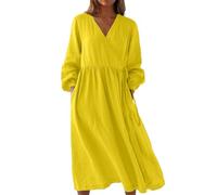 Abiti estivi in lino per le donne UK 2026 Abito casual sciolto con scollo a V a maniche lunghe a pieghe in tinta unita Abiti da vacanza oversize con scollo a V ampio abito lungo con orlo prendisole da