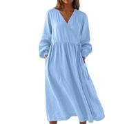 Abiti estivi in lino per le donne UK 2026 Abito casual sciolto con scollo a V a maniche lunghe a pieghe in tinta unita Abiti da vacanza oversize con scollo a V ampio abito lungo con orlo prendisole da