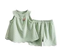 Abiti estivi per bambine senza maniche, con canottiere traspiranti e pantaloncini con volant in vita a quadri elastici in vita, set da 2 pezzi (verde, 7-8 anni)