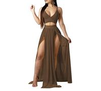 Abiti estivi per donne curvy abiti a due pezzi con cinturino in chiffon profondo scollo a V alto spacco lungo abito gonna set abbigliamento da spiaggia costume da bagno marrone leopardo S, Marrone, S