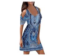 Abiti estivi per le donne 2025 Casual Stampa Hollow Neck Abito corto da donna Round Out Fashion Sleeve Abito da donna Abiti estivi da donna, Blu, S