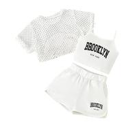 Abiti estivi per ragazze, set da 3 pezzi, casual, vestibilità ampia, top senza maniche, pantaloncini, per attività all'aperto, età 8-14, abbigliamento da gioco comodo e traspirante.5