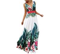 Abiti formali per le donne vestito moda estate stampa senza maniche maxi raccogliere scollo a V donna vita abito da sposa ospite abito, Verde, L