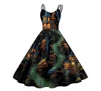 Abiti Halloween da donna, abito Audrey Hepburn, senza maniche con stampa retrò elegante corsetto vita chiusura a pieghe costume stile gotico vampiro sposa plissettata vintage castello festa abiti