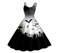 Abiti Halloween Donna Vestito Audrey Hepburn Senza Maniche Stampa Retro Elegante Corsetto Vita Chiusura Pieghe Costume Insanguinante Festa Maschere Cocktail Affascinante Abiti Carnevale