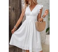 Abiti in cotone con occhielli per le donne carino estivo scollo a V manica ad aletta smock vita impero lunghezza al ginocchio abito svasato