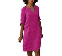 Abiti in lino da donna a maniche lunghe, scollo a V, vestibilità ampia, con tasche, abiti per donne anziane, ideale per viaggi o abiti estivi quotidiani, Rosa acceso, S