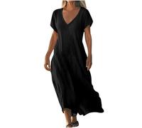 Abiti in lino da donna casual estivi a maniche corte con scollo a V maxi abito comodo e fluido, altalena, viaggi e vacanze, Nero , 5XL
