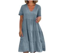 Abiti in lino di cotone per le donne UK Plus Size Estate Manica corta Scollo a V Abito da donna Elegante volant a strati Swing A-Line Breve Sundress I miei ordini Saldi Ordine di liquidazione 2025