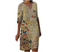Abiti in lino e cotone da donna Offerte Lampo di Oggi Prime Abito longuette a mezza manica con scollo a V T-shirt Abito estivo al ginocchio Abiti casual larghi in tinta unita da spiaggia