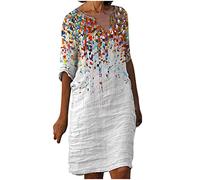 Abiti in lino e cotone da donna Offerte Lampo di Oggi Prime Abito longuette a mezza manica con scollo a V T-shirt Abito estivo al ginocchio Abiti casual larghi in tinta unita da spiaggia