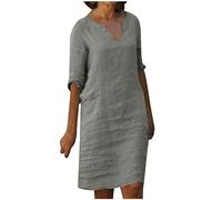 Abiti in lino e cotone da donna Offerte Lampo di Oggi Prime Abito longuette a mezza manica con scollo a V T-shirt Abito estivo al ginocchio Abiti casual larghi in tinta unita da spiaggia