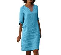Abiti in lino e cotone da donna Offerte Lampo di Oggi Prime Abito longuette a mezza manica con scollo a V T-shirt Abito estivo al ginocchio Abiti casual larghi in tinta unita da spiaggia