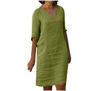 Abiti in lino e cotone da donna Offerte Lampo di Oggi Prime Abito longuette a mezza manica con scollo a V T-shirt Abito estivo al ginocchio Abiti casual larghi in tinta unita da spiaggia