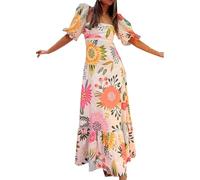 Abiti Lunghi da Donna Casual con Colletto Stampato A Lanterna, Manica Corta, Orlo Sottile, in Lino di Cotone