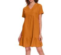 Abiti lunghi da donna UK 2025 a maniche corte con scollo a V abito plissettato svasato casual corto prendisole da spiaggia, Arancione, L
