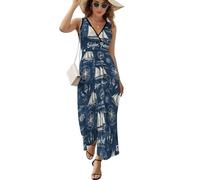 Abiti lunghi estivi da donna 2025 eleganti di classe, blu navy con stampa nautica da donna senza maniche maxi prendisole, Multicolore, XL