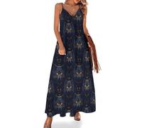 Abiti lunghi estivi da donna 2025 Vacation - Occhio dorato Testa di lupo Stampa Spaghetti Strap Beach Maxi prendisole, Multicolore, L