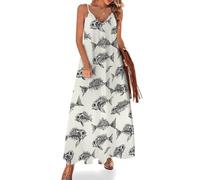 Abiti lunghi estivi da donna 2025 Vacation - Scheletro Pesce Fossile Stampa Spaghetti Strap Beach Maxi Sundress, Multicolore, XX-Large
