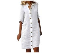 Abiti Lunghi Estivi Donna-Abito Estivo da Donna con Gonna Longuette A Camicia, Bottoni, 1/2 Manica, Bavero, Abito Casual in Cotone