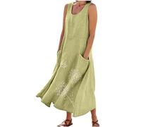 Abiti Lunghi Lino Estivi Donna, 2024 Abiti Offerte di Primavera in Lino Spiaggia Caftano a Senza Maniche Abito Casual Oversize Elegante Girocollo Abito Largo con Tasche Boho Fresco Vacanza Vestito