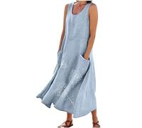 Abiti Lunghi Lino Estivi Donna, 2024 Abiti Offerte di Primavera in Lino Spiaggia Caftano a Senza Maniche Abito Casual Oversize Elegante Girocollo Abito Largo con Tasche Boho Fresco Vacanza Vestito