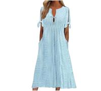 Abiti midi da donna, tinta unita, alla moda, casual, con scollo a V, maniche corte, maxi abiti da donna, blu cielo, XXL