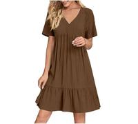 Abiti midi da donna UK scollo a V casual swing una linea abito spiaggia 2025, Marrone, XXL