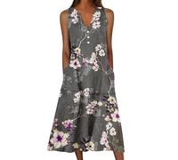 Abiti midi da donna UK scollo a V stampa pianta abito lungo abito casual, Grigio scuro, L