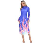Abiti midi in rete con maniche da donna elasticizzati Neon Flames Blu Navy | Il vestito lungo del bodycon della maglia del manicotto svasato ha increspato i vestiti da sera montati increspati del collo