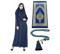 Abiti musulmani da donna, abito da preghiera islamico a maniche lunghe, tappeto da preghiera e perline, set islamico, Blu navy, 3XL/6XL