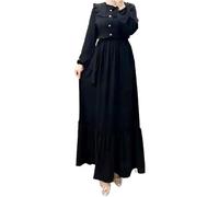 Abiti musulmani per le donne bottone tinta unita collo alto cintura in vita peplo maxi abiti eleganti chic abito casual confortevole traspirante ufficio preghiera abaya, 01# Nero, XXL