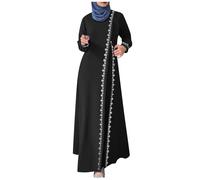 Abiti musulmani per le donne pizzo spacco manica lunga gilet primavera maxi abiti tempo libero abito casual confortevole traspirante floreale preghiera abaya, 01# Nero, S