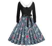 Abiti natalizi da donna taglie forti inverno Natale manica lunga stampato abito peluche scollo a V abito natalizio fiocco abito linea a vita alta abito da cocktail abito cosplay swing festival party