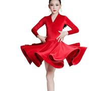 Abiti per Bambine, a Maniche Lunghe, per Balli Latini in Velluto, per Sala da Ballo, per Feste, spettacoli sul palco, Prove, Costumi,Rosso,160cm