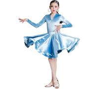 Abiti per Bambine, a Maniche Lunghe, per Balli Latini in Velluto, per Sala da Ballo, per Feste, spettacoli sul palco, Prove, Costumi,Sky Blue,160cm