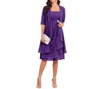 Abiti per la madre della sposa con giacca 2 pezzi, maniche a mezza manica, lunghezza al ginocchio, abito da sposa in chiffon per lo sposo, Viola, 42