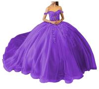 Abiti Quinceanera con paillettes scintillanti abiti da concorso con spalle scoperte in pizzo con abito da ballo in tulle gonfio principessa treno, Viola, 46
