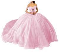 Abiti Quinceanera con paillettes scintillanti abiti da concorso con spalle scoperte in pizzo con abito da ballo in tulle gonfio principessa treno, rosa chiaro, 42