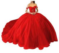 Abiti Quinceanera con paillettes scintillanti abiti da concorso con spalle scoperte in pizzo con abito da ballo in tulle gonfio principessa treno, Rosso, 44
