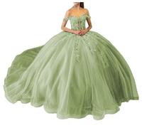 Abiti Quinceanera con paillettes scintillanti abiti da concorso con spalle scoperte in pizzo con abito da ballo in tulle gonfio principessa treno, Verde lime, 48