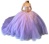 Abiti Quinceanera con paillettes scintillanti abiti da concorso con spalle scoperte in pizzo con abito da ballo in tulle gonfio principessa treno, Lilla, 48