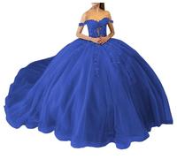 Abiti Quinceanera con paillettes scintillanti abiti da concorso con spalle scoperte in pizzo con abito da ballo in tulle gonfio principessa treno, Blu reale, 44