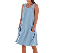 Abiti senza maniche in lino di cotone per le donne UK Casual Estate Swing Breve Sundress con tasche Vestito da donna Canotta Plus Size I miei ordini Vendita Ordine di liquidazione 2025 Tendenza, blu